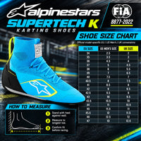 Thumbnail for Alpinestars Supertech K shoe size chart and sizing guide for karting shoes, featuring a bright blue and black shoe illustration, a size conversion table, and a foot measurement diagram.