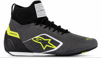 Thumbnail for Alpinestars Supertech Racing Shoes in gray and yellow, single right-facing racing shoe with knitted upper, black laces, carbon-style heel cup, and thin racing outsole.