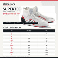 Thumbnail for Alpinestars Supertec official shoe size guide infographic showing a pair of white and red high-top racing shoes and a size conversion table for EU, US Men, and UK sizes.