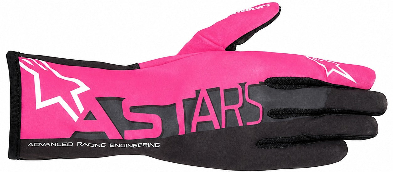 Alpinestars Tech-1 K Race v2 Advance karting gloves in pink and black facing right on a white background