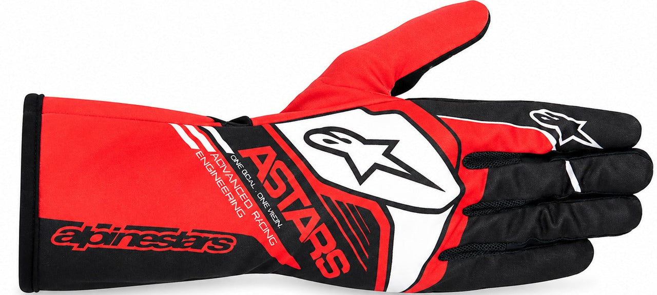 Alpinestars Tech-1 K Race v2 Corporate karting gloves in black, red, and white facing right on a white background