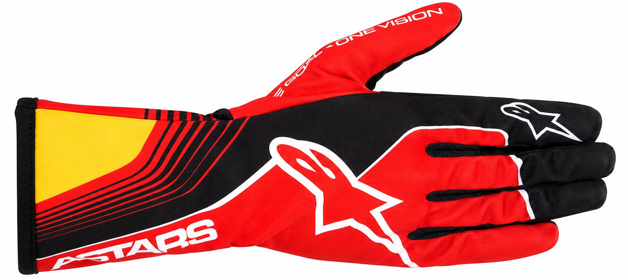 Alpinestars Tech-1 K Race v2 Future karting gloves in black, red, and yellow facing right on a white background