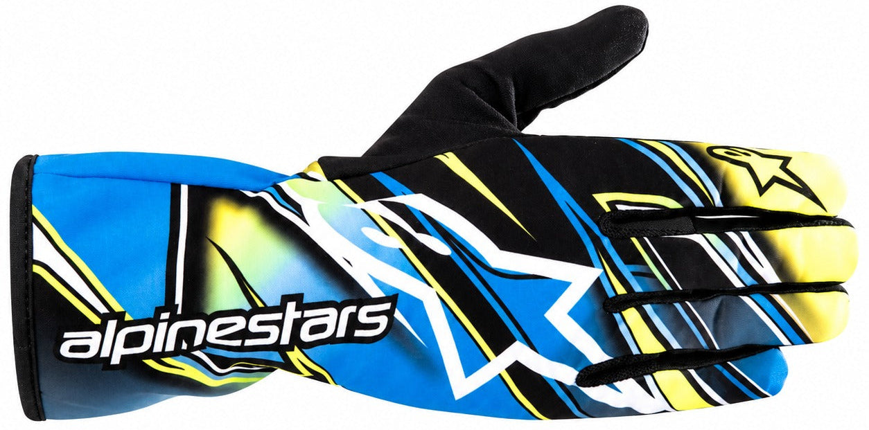 Alpinestars Tech-1 K Race v2 kart racing gloves in blue, black, white, and yellow facing right on a white background