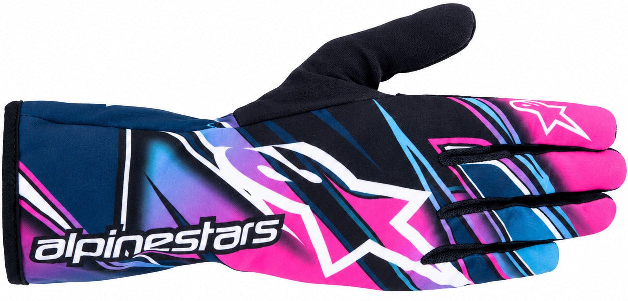 Alpinestars Tech-1 K Race v2 kart racing gloves in pink, blue, black, and white facing right on a white background