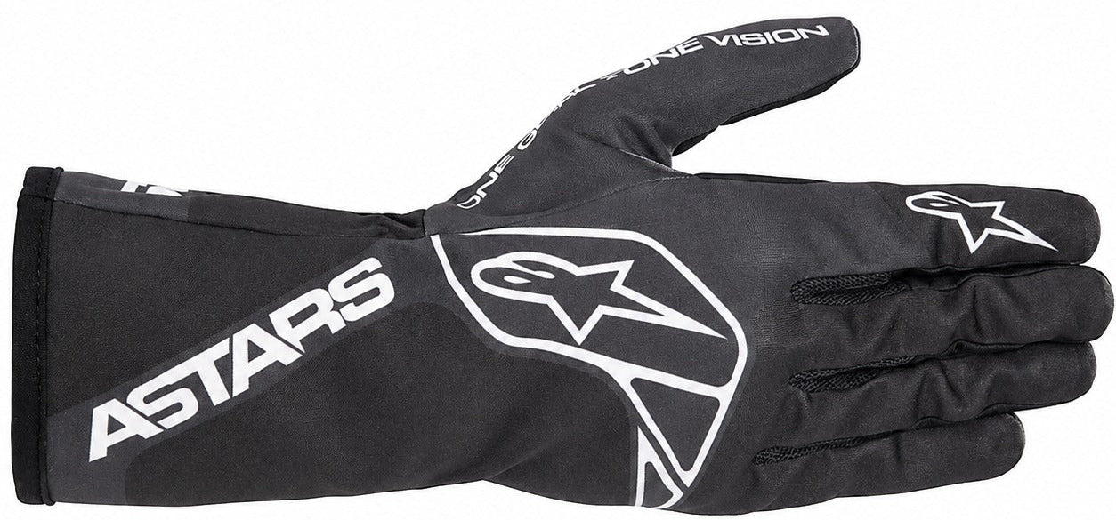 A single Alpinestars racing glove in black with white branding and graphics, shown against a plain white background.