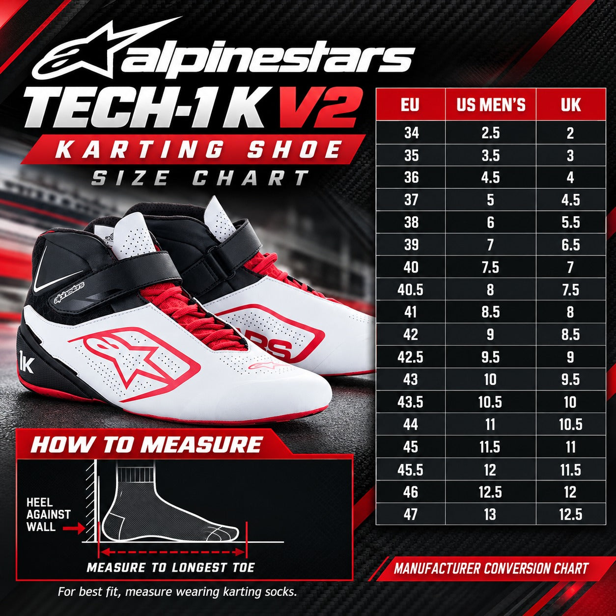 Alpinestars Tech-1K V2 Karting Shoe Size Chart graphic featuring a pair of white, black, and red racing shoes, a size conversion table, and a measurement guide.