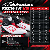Thumbnail for Alpinestars Tech-1K V2 Karting Shoe Size Chart graphic featuring a pair of white, black, and red racing shoes, a size conversion table, and a measurement guide.