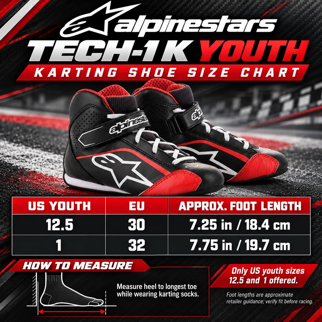 Alpinestars Tech-1 K Youth Kart Racing Shoes sizing chart featuring black and red shoes, US youth sizes 12.5 and 1, EU sizes 30 and 32, approximate foot lengths in inches and centimeters, and foot measuring instructions.