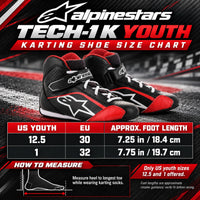 Thumbnail for Alpinestars Tech-1 K Youth Kart Racing Shoes sizing chart featuring black and red shoes, US youth sizes 12.5 and 1, EU sizes 30 and 32, approximate foot lengths in inches and centimeters, and foot measuring instructions.