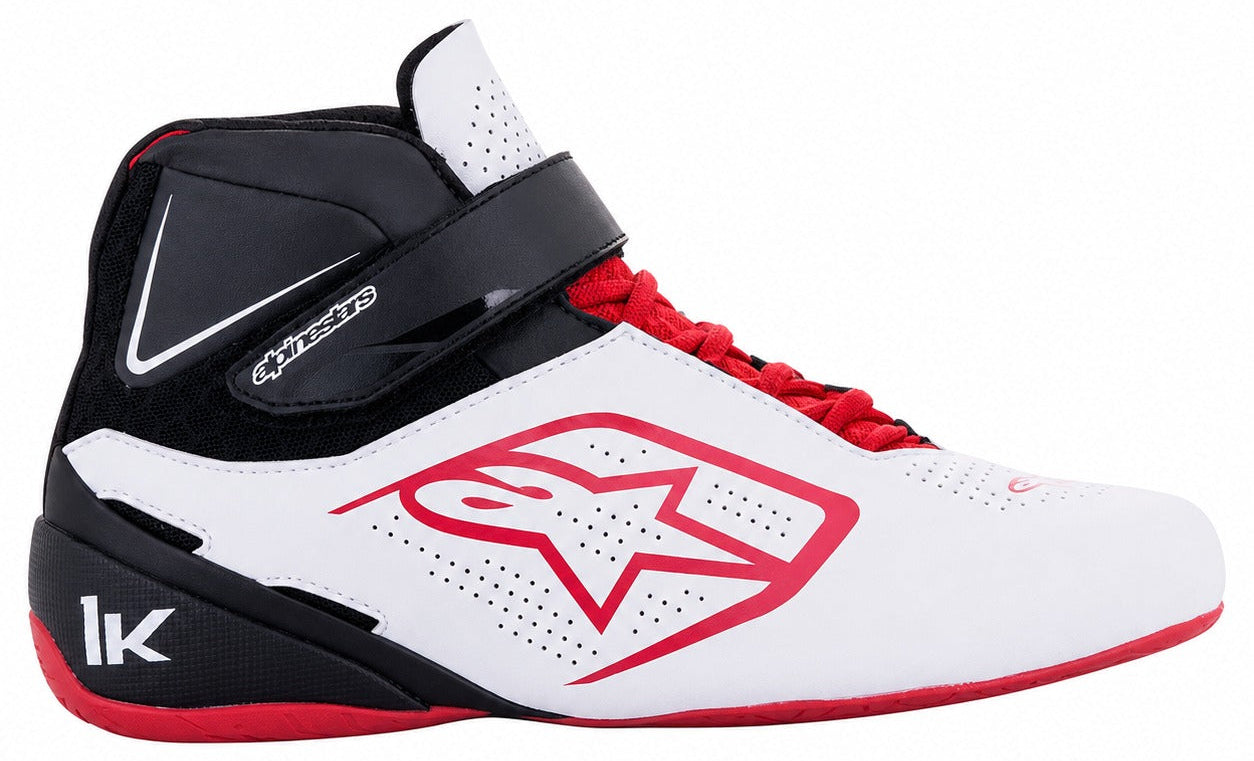 Alpinestars Tech-1 K Youth v2 karting shoe in white, red, and black, shown in a straight right-facing side view on a white background.