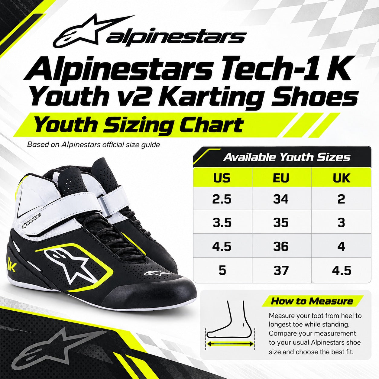 Alpinestars Tech-1 K Youth v2 Karting Shoes sizing chart featuring black, white, and yellow youth karting shoes, available youth sizes 2.5, 3.5, 4.5, and 5 with corresponding EU and UK size conversions, plus foot measuring instructions.