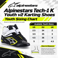 Thumbnail for Alpinestars Tech-1 K Youth v2 Karting Shoes sizing chart featuring black, white, and yellow youth karting shoes, available youth sizes 2.5, 3.5, 4.5, and 5 with corresponding EU and UK size conversions, plus foot measuring instructions.
