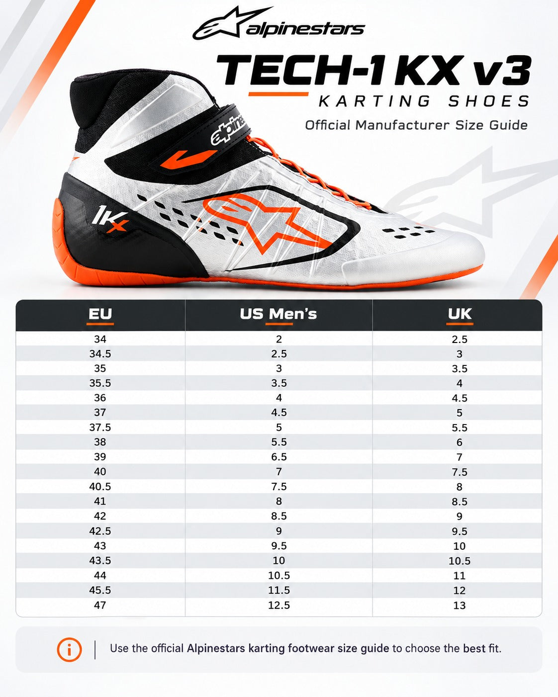 Alpinestars Tech-1 KX v3 karting shoes sizing chart with official EU, UK, and US size conversions-image