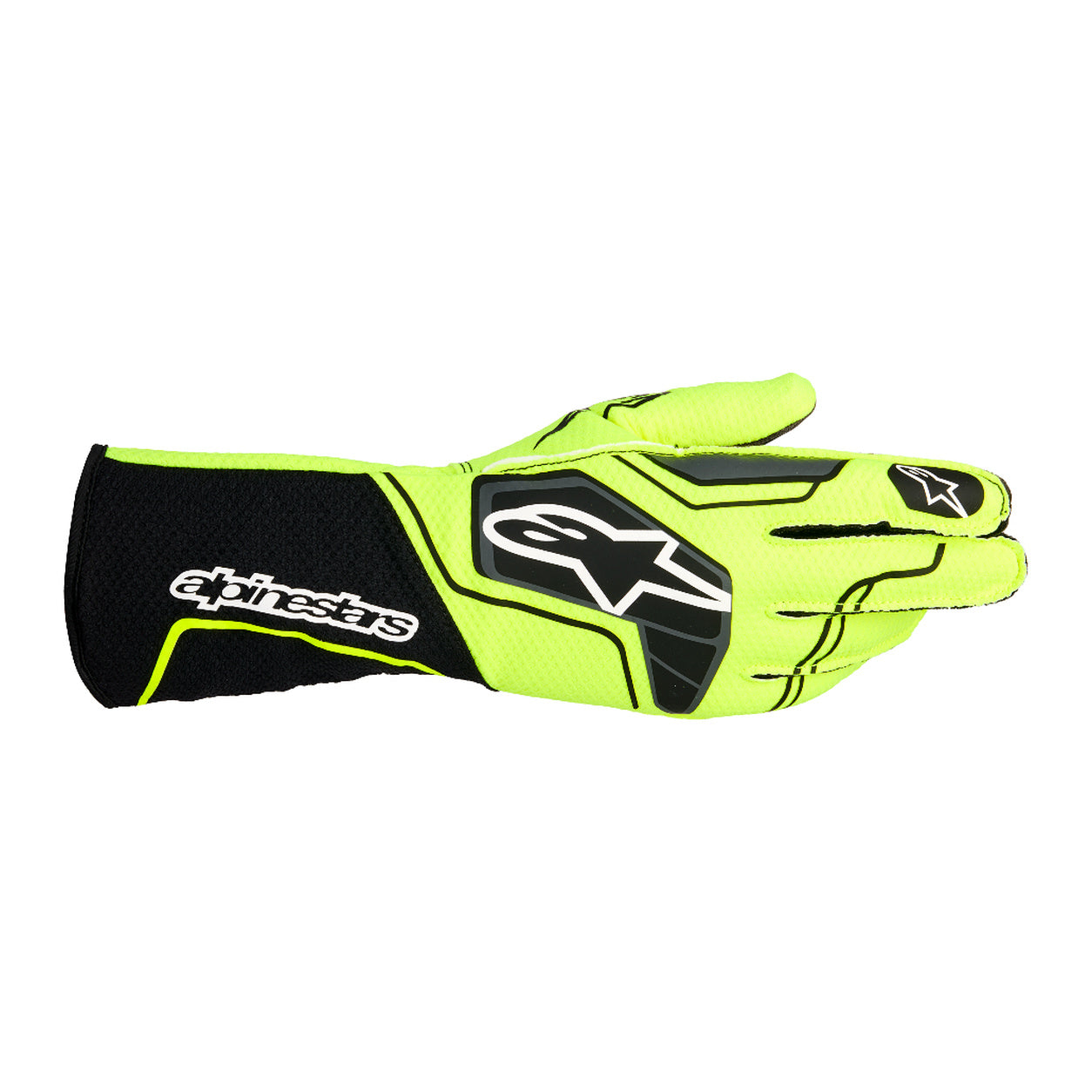 A single Alpinestars motocross glove in neon yellow-green and black, shown from the back on a plain white background.