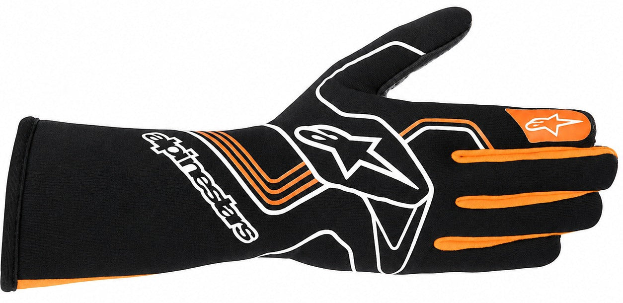 Alpinestars Tech-1 Race v3 black and orange Nomex racing glove facing right on a white background