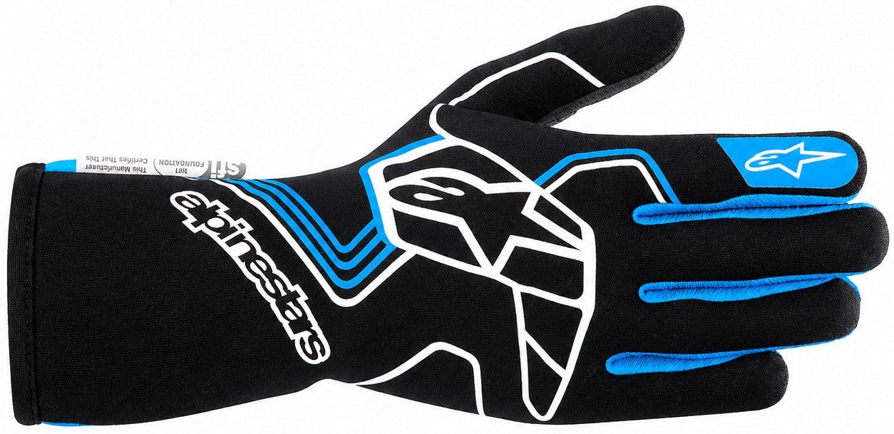 A single Alpinestars racing glove in black, featuring white and blue graphic details, including the brand name and logo.