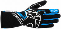 Thumbnail for A single Alpinestars racing glove in black, featuring white and blue graphic details, including the brand name and logo.