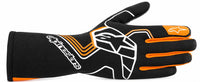 Thumbnail for A single Alpinestars racing glove in black, featuring white and orange graphics, including the brand name and logo, on a plain white background.