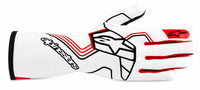 Thumbnail for A white Alpinestars motocross glove with black and red graphics, featuring the brand's star logo and 'alpinestars' text on the back of the hand.