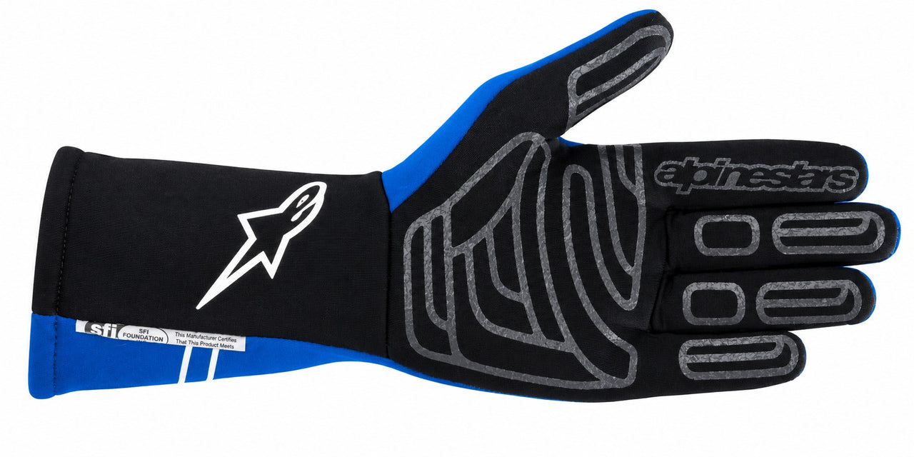 Alpinestars Tech-1 Start v4 blue and black racing glove showing the silicone grip palm on a white background