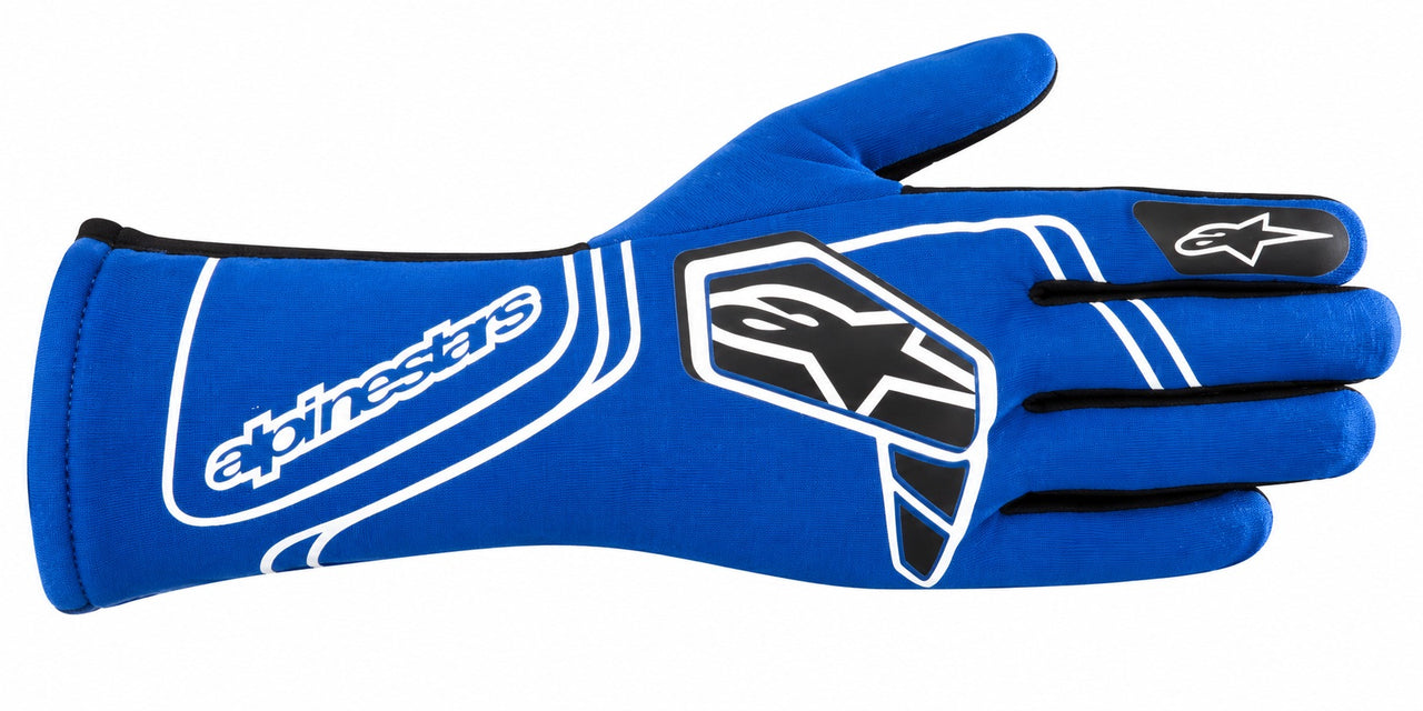 Alpinestars Tech-1 Start v4 blue and white racing glove facing right on a white background