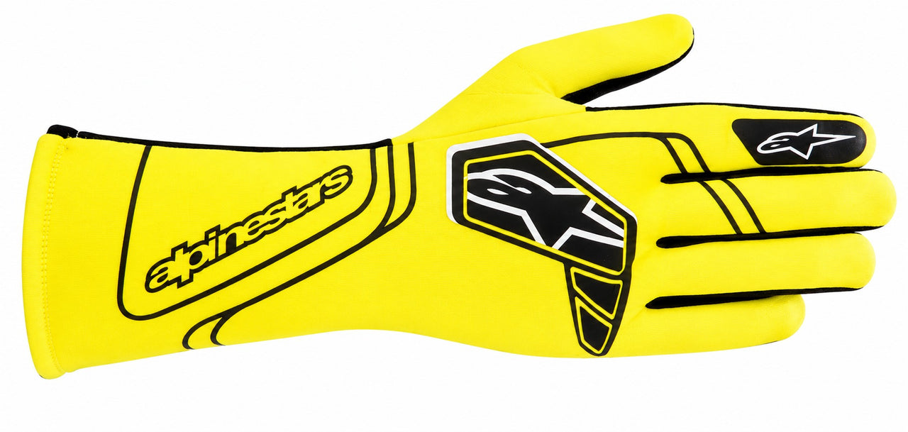 Alpinestars Tech-1 Start v4 yellow and black racing glove facing right on a white background