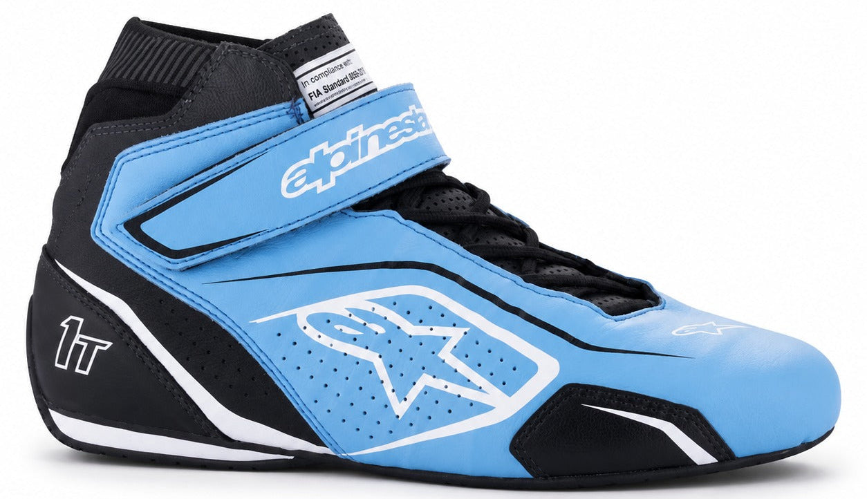 Alpinestars Tech-1 T v3 Racing Shoes in blue and black, single right-facing racing shoe with ankle strap, black laces, perforated side panel, white Alpinestars logo, and low rear collar.