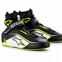 Thumbnail for Alpinestars Tech-1 Z V2 racing shoes in black, white, and neon yellow with high-top ankle support and lightweight motorsport design