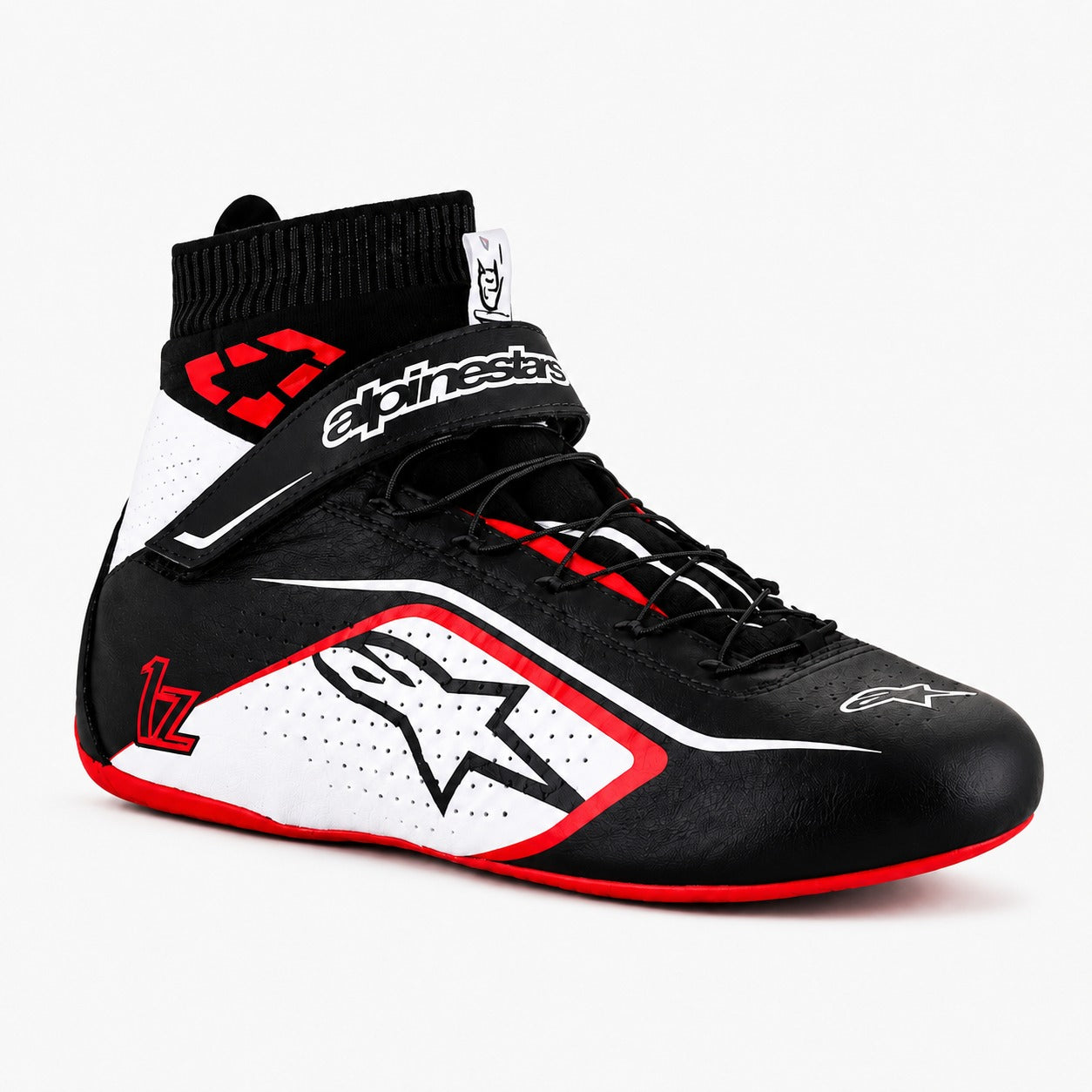lpinestars Tech-1 Z V2 racing shoes in black, white, and red with high-top ankle support and lightweight motorsport design