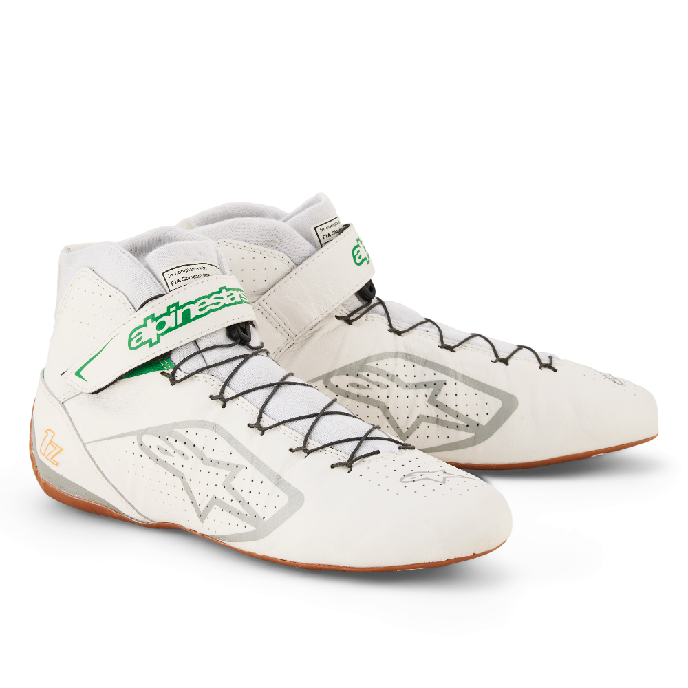 Alpinestars Tech-1 Z v3 racing shoes in white and green fluo front angle view