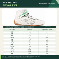 Thumbnail for Alpinestars Tech-1 Z v3 Racing Shoes sizing chart featuring white and green high-top racing shoes, official EU, UK, and US men's size conversions, including half sizes, with racing shoe fit guidance.