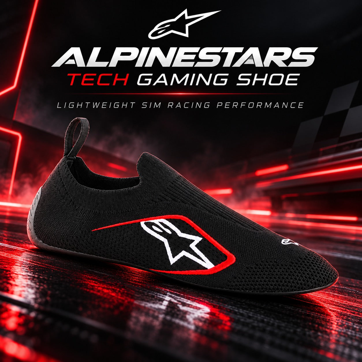 Alpinestars Tech Gaming Shoe hero image featuring a black lightweight sim racing shoe with red and white logo details on a dynamic dark background