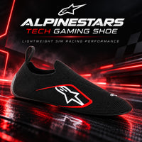 Thumbnail for Alpinestars Tech Gaming Shoe hero image featuring a black lightweight sim racing shoe with red and white logo details on a dynamic dark background