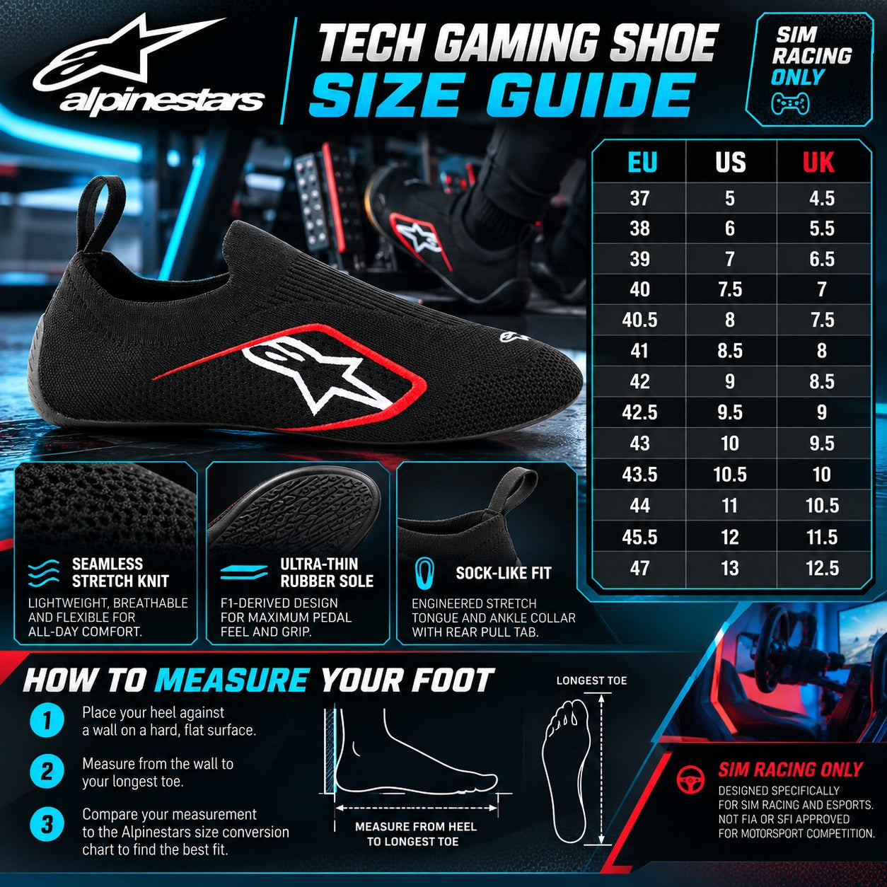 Alpinestars Tech Gaming Shoe sizing chart featuring black and red SIM racing footwear, European sizes 37 through 47 with US and UK conversions, foot-measuring instructions, breathable stretch-knit construction, and ultra-thin F1-inspired rubber sole.