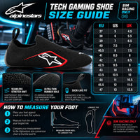 Thumbnail for Alpinestars Tech Gaming Shoe sizing chart featuring black and red SIM racing footwear, European sizes 37 through 47 with US and UK conversions, foot-measuring instructions, breathable stretch-knit construction, and ultra-thin F1-inspired rubber sole.