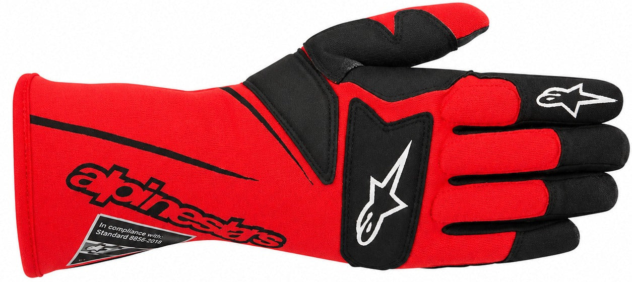 Alpinestars Tech-M red and black pit crew racing glove facing right on a white background