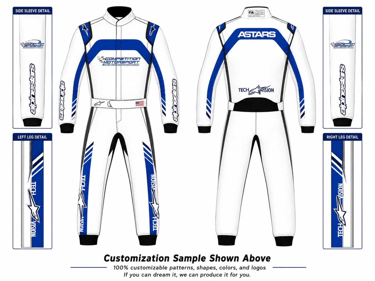 Alpinestars Tech Vision custom racing suit design mockup with front and back views, sleeve details, leg details, and Competition Motorsport branding