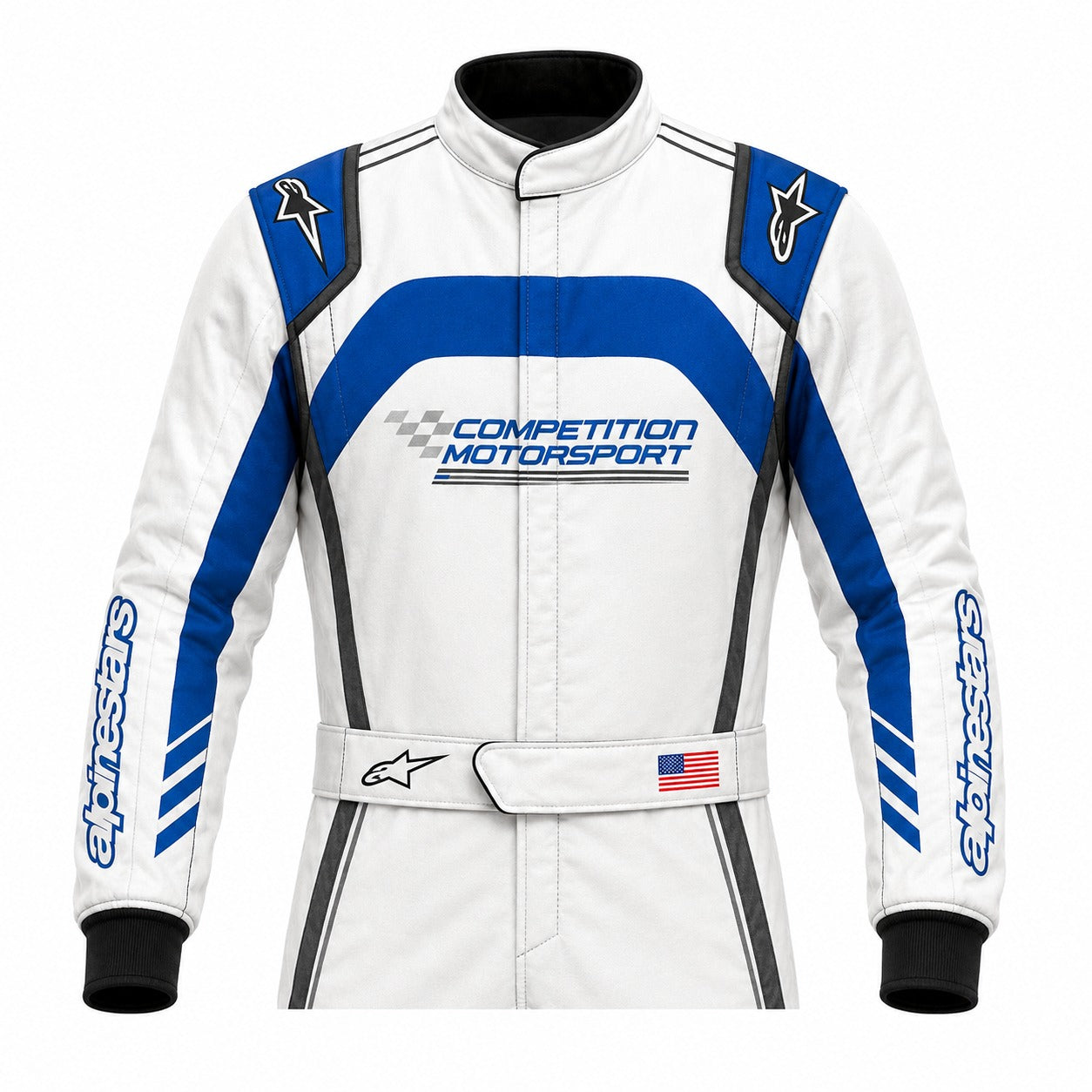 Alpinestars TechVision V3 custom driver race suit half-suit image in white and blue with Competition Motorsport branding on white background