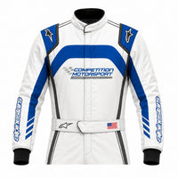 Thumbnail for Alpinestars TechVision V3 custom driver race suit half-suit image in white and blue with Competition Motorsport branding on white background