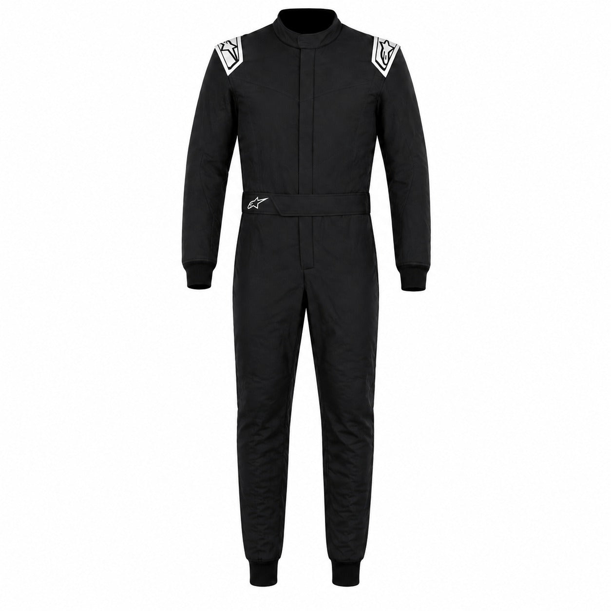 Alpinestars Vapor Driver Race Suit black and white front view with SFI 3.2A/5 fire-resistant construction.