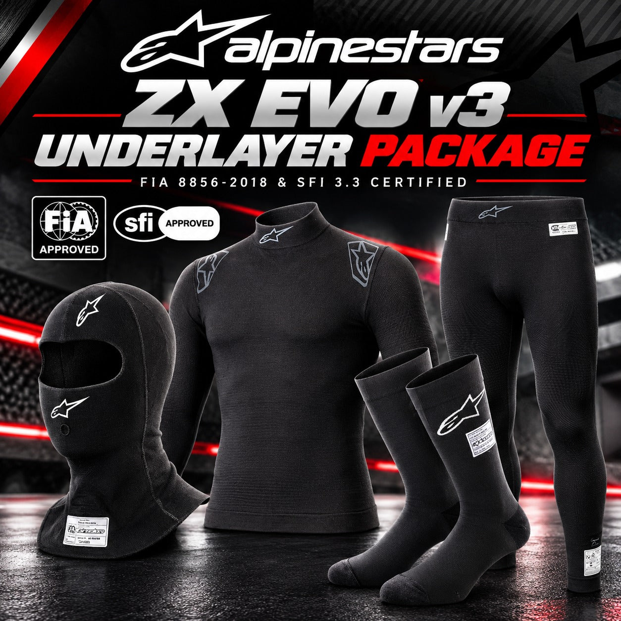 Alpinestars ZX EVO v3 Underlayer Package hero image featuring Nomex balaclava, fireproof shirt, underlayer pants, and socks with FIA 8856-2018 and SFI 3.3 certificatio