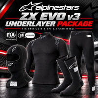 Thumbnail for Alpinestars ZX EVO v3 Underlayer Package hero image featuring Nomex balaclava, fireproof shirt, underlayer pants, and socks with FIA 8856-2018 and SFI 3.3 certificatio