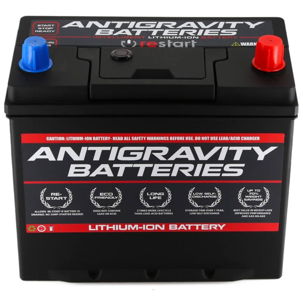 antigravity group 51r lithium car battery front view with restart button and terminals – image