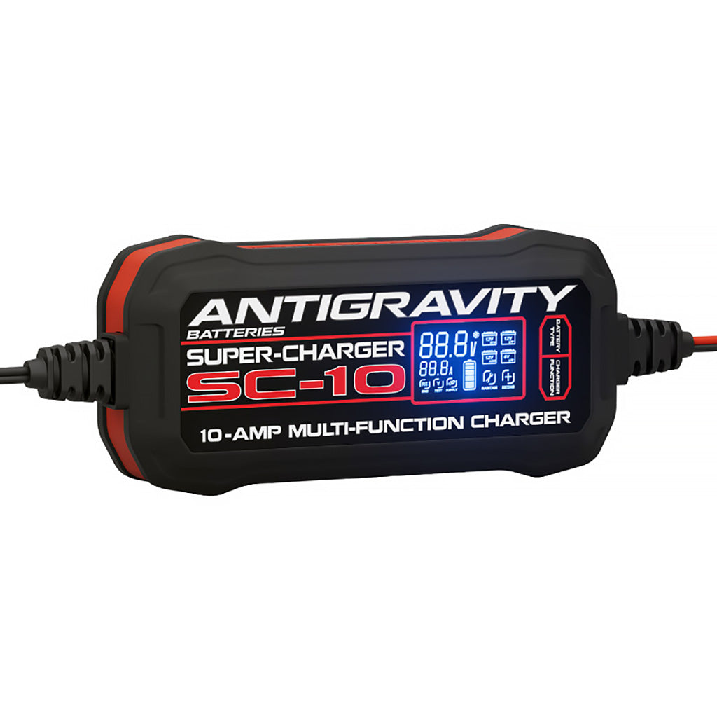 SC-10 battery charger with LCD screen displaying voltage, current, and charge level