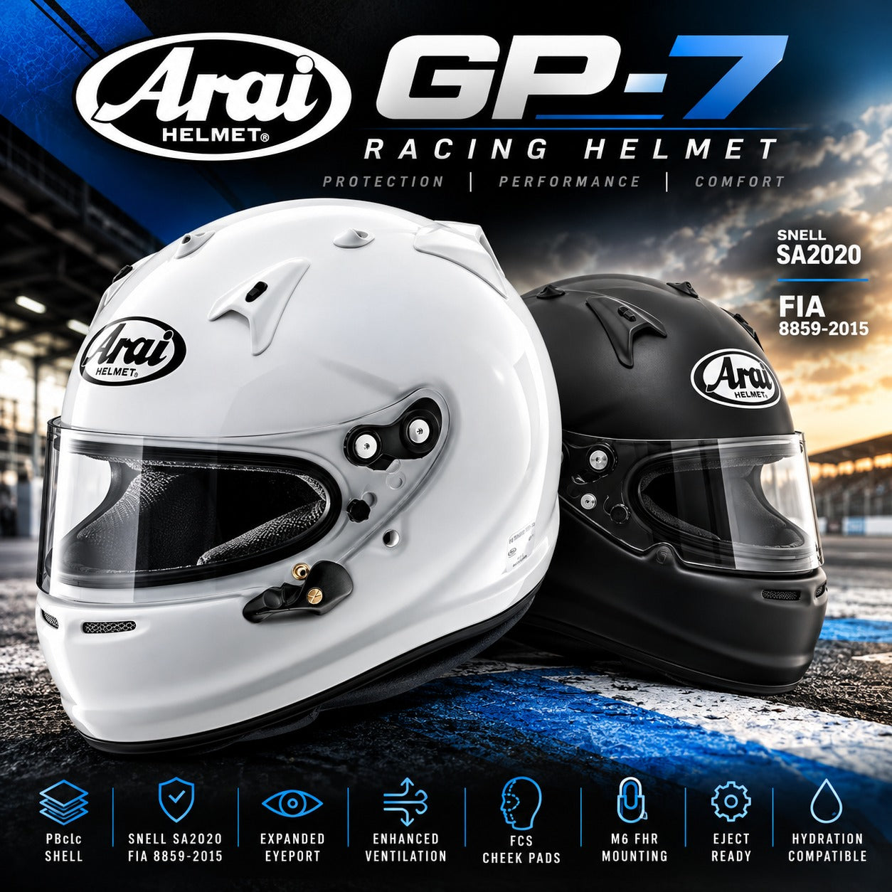 Arai GP-7 SA2020 racing helmets in Gloss White and Matte Black, featuring Snell SA2020 and FIA 8859-2015 certifications, PBcLc composite shells, expanded eyeports, advanced ventilation, FCS cheek pads, and HANS/FHR compatibility against a dramatic motorsport racing background.