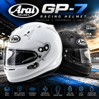 Thumbnail for Arai GP-7 SA2020 racing helmets in Gloss White and Matte Black, featuring Snell SA2020 and FIA 8859-2015 certifications, PBcLc composite shells, expanded eyeports, advanced ventilation, FCS cheek pads, and HANS/FHR compatibility against a dramatic motorsport racing background.