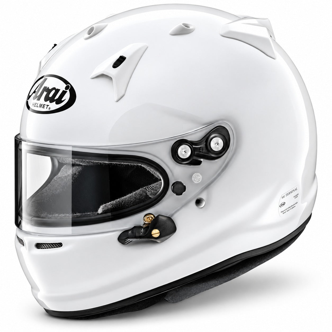 Arai GP-7 SA2020 full-face racing helmet in Gloss White, shown from a front three-quarter angle with PBcLc composite shell, clear racing visor, positive shield latch, adjustable ventilation, and Arai branding on a clean white background.