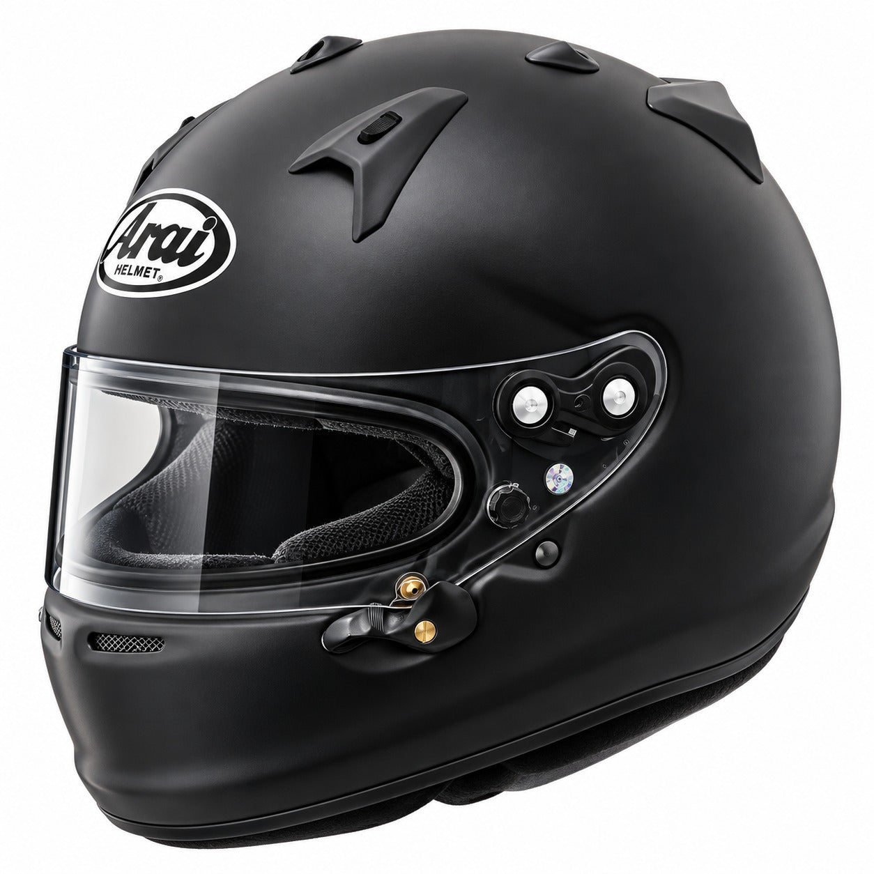 Arai GP-7 SA2020 full-face racing helmet in Matte Black, shown from a front three-quarter angle featuring a PBcLc composite shell, clear racing visor, positive shield locking mechanism, adjustable ventilation, and Arai branding on a clean white background.