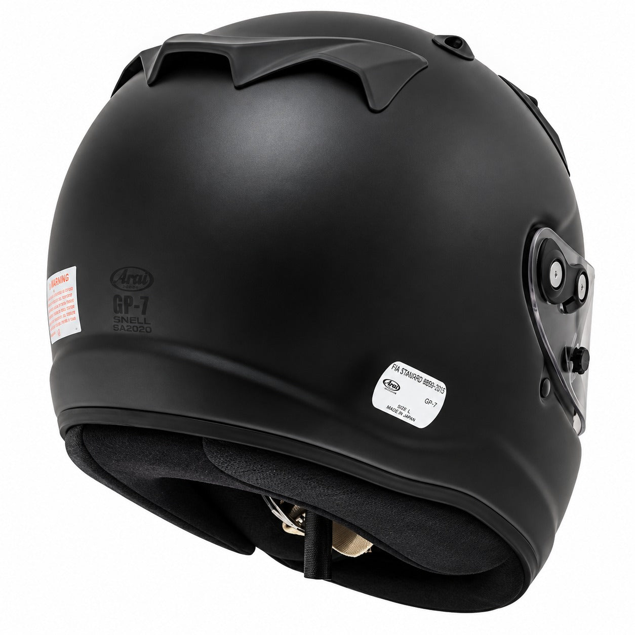 Arai GP-7 SA2020 full-face racing helmet in Matte Black, shown from a rear three-quarter angle featuring the aerodynamic rear exhaust vents, PBcLc composite shell, shield pivot hardware, padded neck roll, and Snell SA2020 and FIA 8859-2015 certification markings on a clean white background.