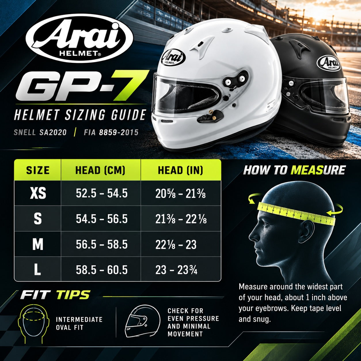 Arai GP-7 Helmet Sizing Guide infographic showing head circumference measurements in a size table, with white and black full-face helmets, a head measurement diagram, and fit tips on a dark graphic background.